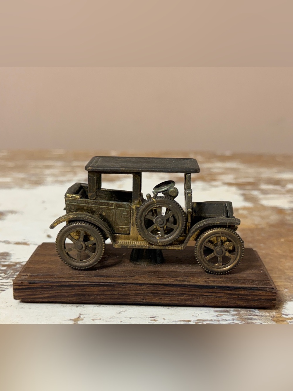 Vintage Made in Italy Die Cast Brass 1910-1920 Touring Car, Wooden Base, Rare!